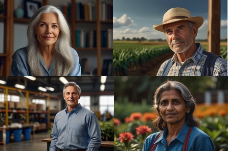 Four people in their fifties and sixties: a woman in a library, a farmer in a field, a man in a warehouse and a woman in a garden